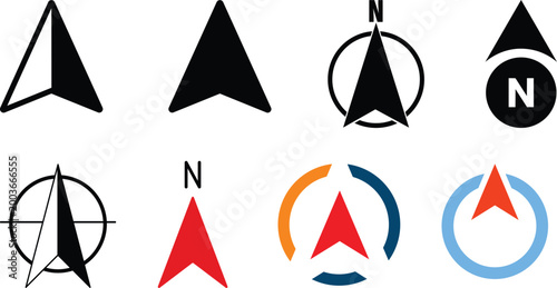 North arrow icon set. GPS north pointer for navigation signs. Compass north arrow.directional compass points N S W E icon set vector. North, south, west, east navigation arrow symbol vector.