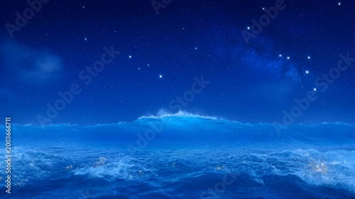 A beautiful ocean scene at night with waves crashing under a starry sky, creating a serene and peaceful atmosphere