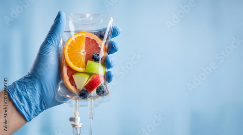 Hand wearing blue glove holding IV bag filled with fresh fruit slices including orange, grapefruit, apple, and blueberries, symbolizing health and nutrition infusion