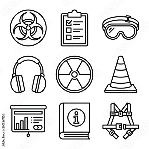 Set of industrial safety and occupational hazard line icons with industrial protective equipment biohazard radiation