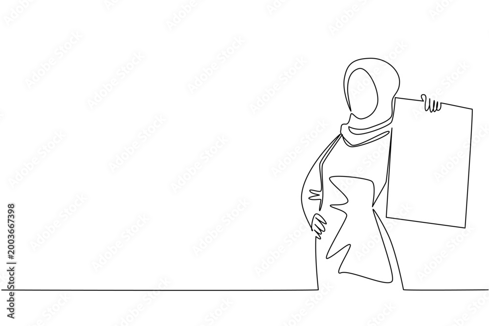 Obraz premium Unique single line drawing presents a Muslim woman in hijab holding a blank marketing ad board on her side. It perfectly emphasizes an advertising concept for a global marketing poster.