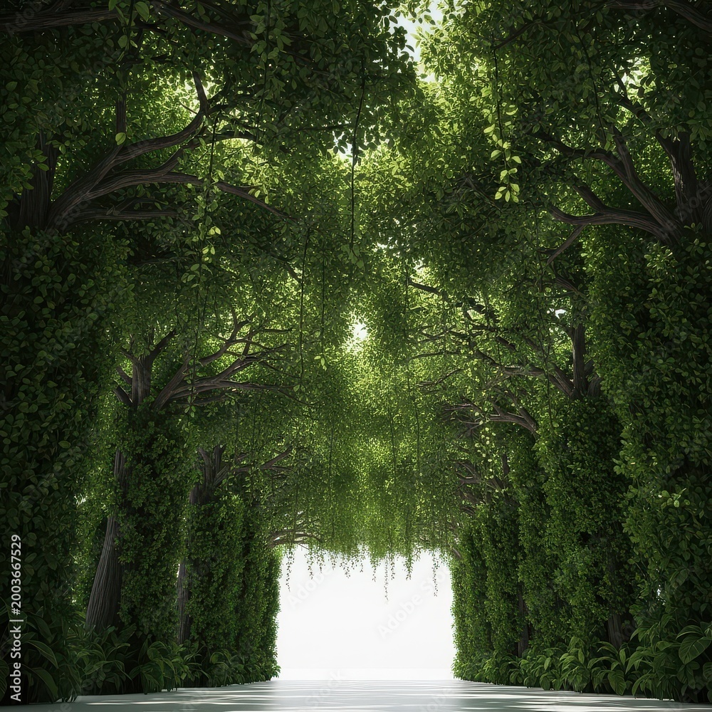Fototapeta premium lush green tunnel opens to bright inviting light.