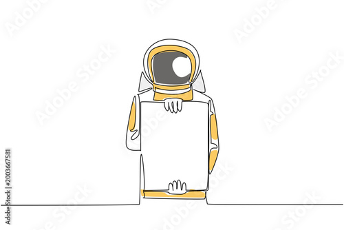 Gorgeous colored single line drawing displays an astronaut holding a vertical blank marketing ad board in front. This amazing image nicely highlights a universe concept for an education exhibition.