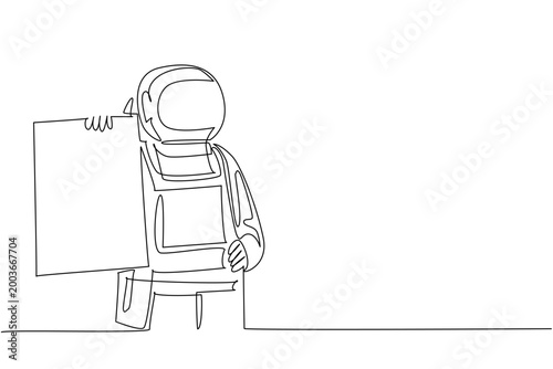 Unique monochrome continuous line drawing features an astronaut holding a blank marketing ad board on their hip. This striking illustration highlights an outer space concept for an advertising poster.