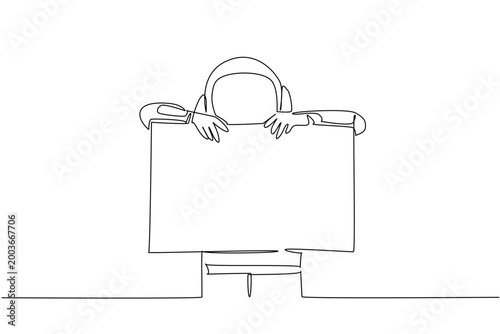Excellent single line drawing shows an astronaut leaning on a blank marketing paper screen board. It highlights an advanced business technology concept for a futuristic exhibition banner.