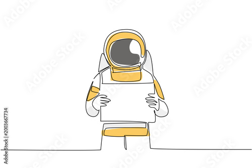 Awesome colorful one line drawing shows a spaceman holding a large blank placard in front. This amazing illustration nicely suits a universe concept for a science campaign poster.