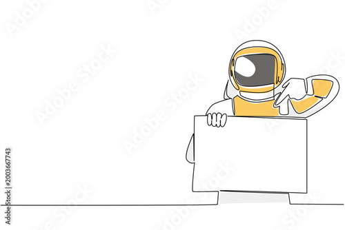 Beautiful colorful single line drawing depicts a spaceman pointing down at a blank marketing sign. This outstanding image represents an outer space concept for an advanced scientific exhibition.