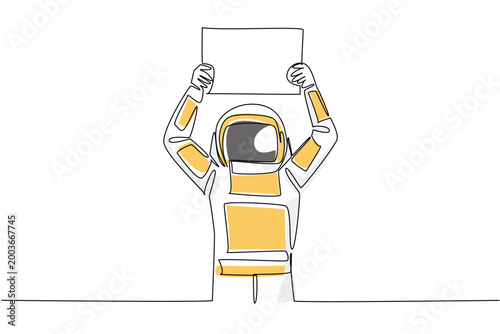 Unique colorful one line drawing depicts a young handsome astronaut raising a blank marketing board up high over head. It represents an equality concept perfectly suited for a global science banner.