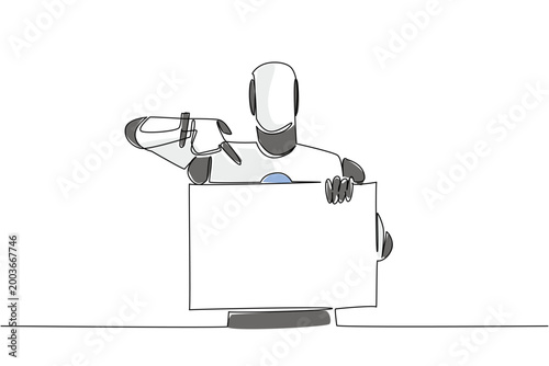 Beautiful colorful single line drawing depicts a robot pointing down at a blank sign. This outstanding image nicely represents a futuristic artificial intelligence concept for a scientific exhibition.