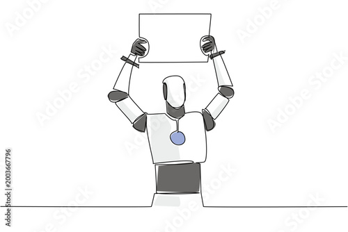 Unique colorful one line drawing depicts an artificial intelligence robot raising a blank marketing ad board up high. It represents an equality concept perfectly suited for a global science banner.