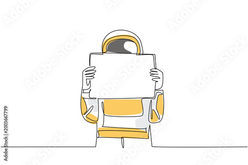 Creative colorful single line drawing features a young handsome astronaut covering his face with a blank marketing ad sign. It perfectly highlights a strong protest concept for a science poster.
