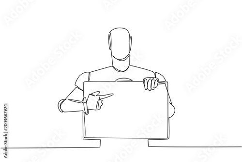 Unique continuous line drawing shows an artificial intelligence robot pointing at a advertisement blank sign. It beautifully emphasizes a futuristic technology concept for an advanced corporate event.