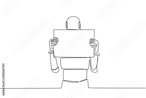 Beautiful continuous line drawing features an AI robot covering its face with a blank marketing ad sign. It perfectly highlights a strong protest concept for a global technology campaign.