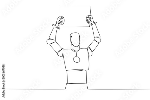 Unique one line drawing depicts an artificial intelligence robot raising a blank marketing advertisement board up high. It represents an equality concept perfectly suited for a global science banner.