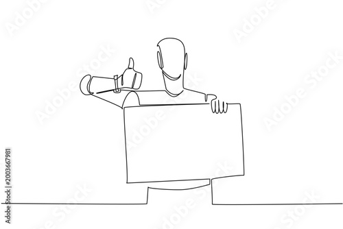 Wonderful continuous line drawing presents an AI robot giving a thumbs up behind a blank marketing ad board. It emphasizes an advanced business technology concept perfectly for a science banner.