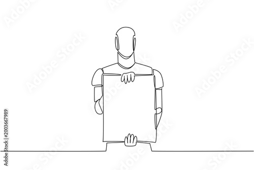 Continuous line drawing displays an artificial intelligence robot holding a vertical blank marketing board in front. This unique image nicely highlights a technology concept for a seminar banner.