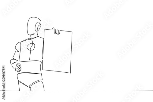 Unique single line drawing features an AI robot holding a blank marketing board on its hip. This striking illustration highlights an advanced technology concept for a global advertising poster.