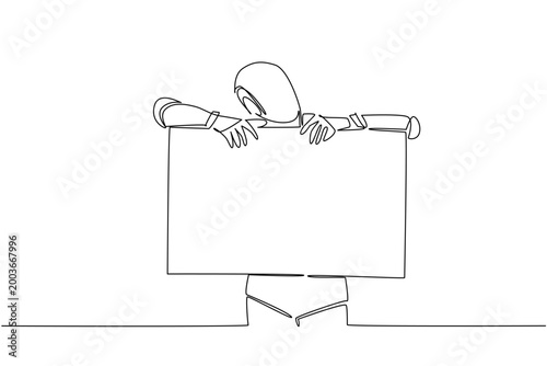 Excellent continuous line drawing shows an AI robot leaning on a blank marketing monitor screen. It highlights an advanced business technology concept perfectly suited for an exhibition banner.
