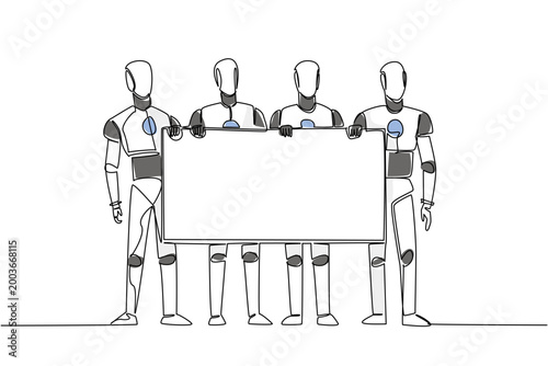 Wonderful single line drawing of four colorful robots holding up a blank social media board. This advanced technology concept works perfectly for an international tech conference banner or exhibition.