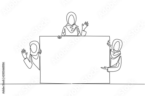 Inspiring one line drawing of three Muslim women in hijab holding a large blank banner. This lovely education concept works beautifully for a school event announcement or an educational poster.
