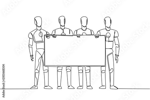 Creative one line drawing of four robots presenting a blank social communication board. This incredible technology concept is absolutely perfect for a robotics workshop flyer or a science fair poster.