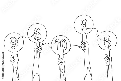 Single line drawing of hands holding round scorecards with various numbers from 8 to 10. This rating concept is a perfect choice for an evaluation business presentation or talent competition poster.