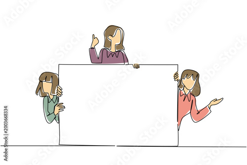 Vibrant single line drawing of three smiling women displaying a marketing sign. This creative business concept illustration serves as an excellent graphic for a startup business presentation cover.