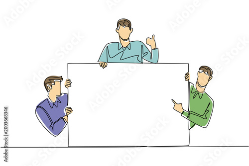 Fantastic one line drawing of three men with colorful accents holding up a large blank ad sign. This engaging business concept is perfectly tailored for a professional business presentation template.