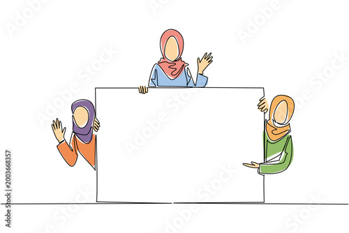 Beautiful single line drawing of three Muslim women holding a blank placard with colorful details. This education concept is an outstanding choice for a cultural festival or a seminar presentation.