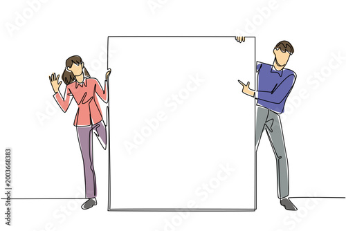Colorful single line drawing of a woman and man displaying a large blank marketing board. This creative business concept is a fantastic fit for a startup marketing flyer or a company presentation.