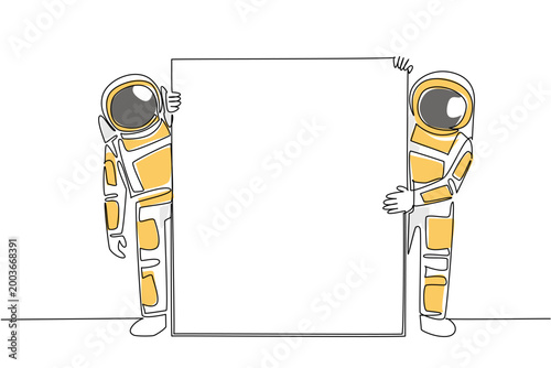 Colored continuous line drawing of two astronauts displaying a blank marketing board. This amazing universe science concept represents a fantastic option for a space museum exhibition poster design.