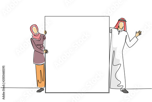 Colorful one line drawing of a Muslim woman and Arab man carrying a blank banner. This excellent teamwork diversity concept is an ideal graphic for a global business presentation layout.
