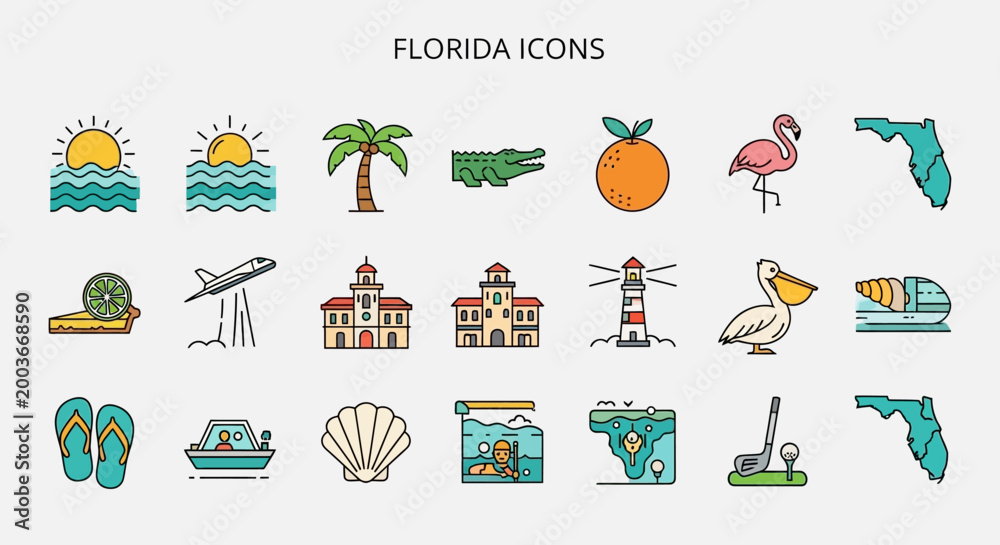 Fototapeta premium Florida Icons A Collection of Colorful and Engaging Graphics Representing the Sunshine State's Unique Charm and Attractions