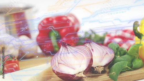 Tech overlay sweeping, starting camera moving, red onion halves staying front, pot rising for prep