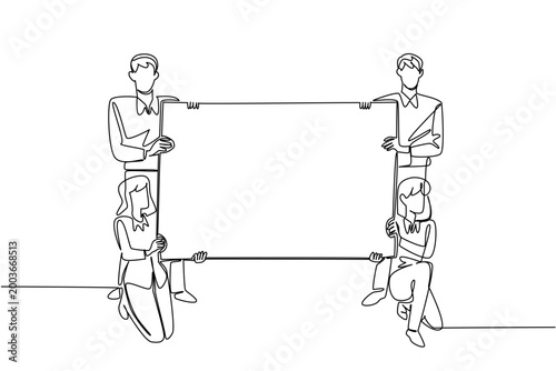 Beautiful one line drawing of two businesswomen and two businessmen holding a large blank board. Creative business concept is perfect for a corporate presentation or a company recruitment poster.