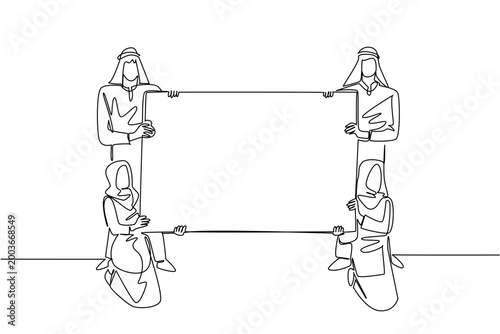 Creative single line drawing of two Arabian businessmen and two Muslim businesswomen holding a board. Global diversity concept perfectly tailored for an international event banner or community poster.