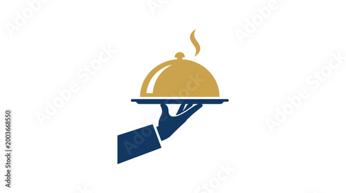 Vector icon of a food service establishment featuring an elegant waiter holding a covered tray.