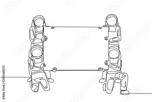 Single line drawing of fourastronauts holding a blank marketing board together. Amazing science concept is an ideal graphic for a space museum exhibition banner or a kids educational poster design.