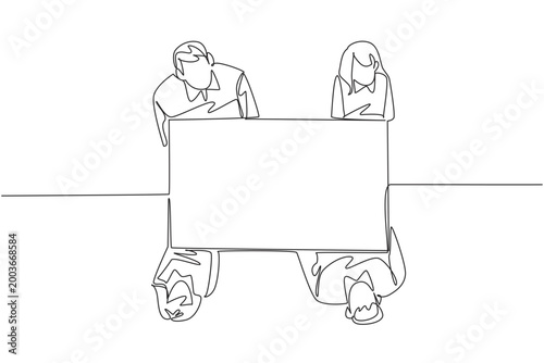 Single line drawing of businesswomen and businessmen holding a blank paper from an overhead view. This teamwork business concept is an excellent choice for a corporate meeting presentation poster.