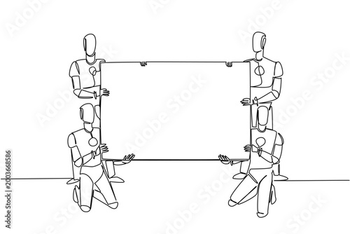 Creative continuous line drawing of four robots kneeling and holding a blank board together. Advanced technology concept works exceptionally well for a robotics workshop poster or a science event.