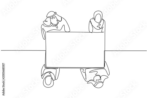 Beautiful one line drawing of Arabian businessmen and Muslim businesswomen holding a blank board from a top view. This global diversity concept works perfectly for an international event banner.