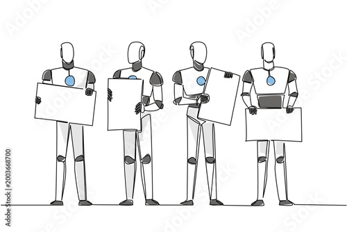 Colorful one line drawing of four robots holding four separate blank marketing boards. This artificial intelligence technology concept is an ideal graphic for an international tech conference banner.