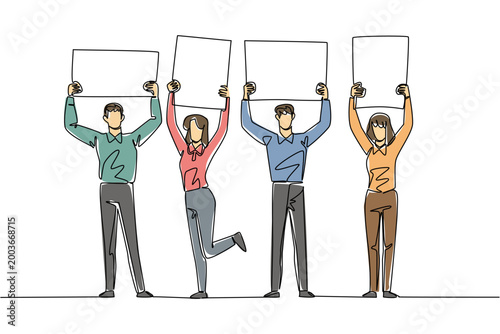 Colorful continuous line drawing of two businessmen and two businesswomen raising four blank campaign boards up. This marketing business concept is absolutely perfect for startup presentation banner.