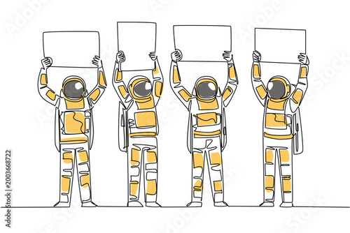 Colorful continuous line drawing of four astronauts standing and lifting separate blank boards over their head. Universe exploration science concept is highly recommended for museum exhibition banner.