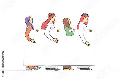 Colorful single line drawing of two Arab men and two Muslim women walking holding a wide blank board. This teamwork diversity concept is highly suitable for a global business banner.