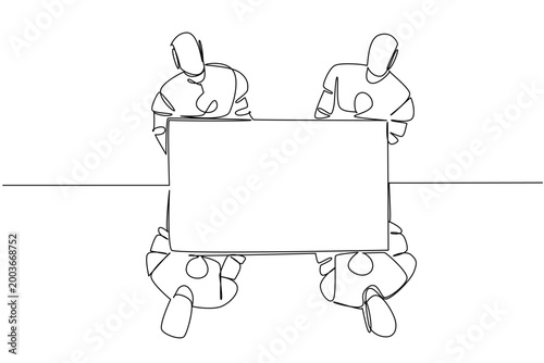 Single line drawing of four robots holding a large blank campaign paper mockup together from an overhead view. This advanced technology concept works perfectly for an educational workshop presentation