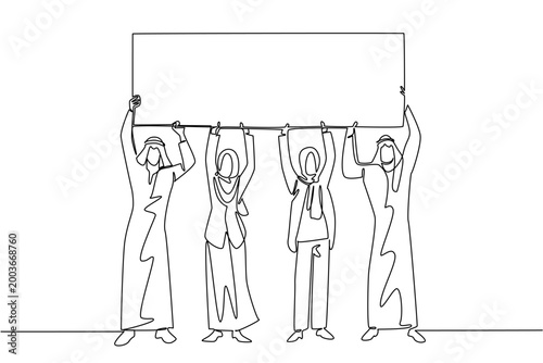 Continuous line drawing of four Arabian and Muslim people lifting a blank campaign board above their heads together. This global diversity concept works perfectly for an international event flyer.