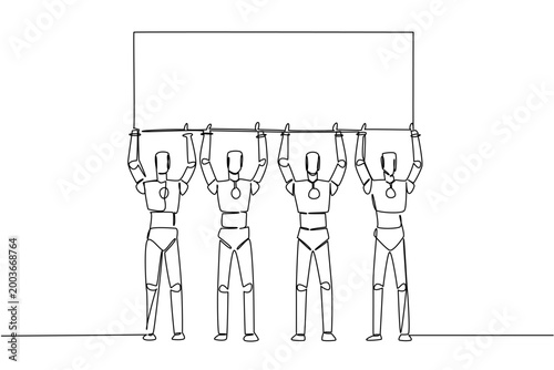Single line drawing of four robots lifting a blank marketing ad board above their heads together. This advanced technology concept works exceptionally well for an educational robotics workshop poster.