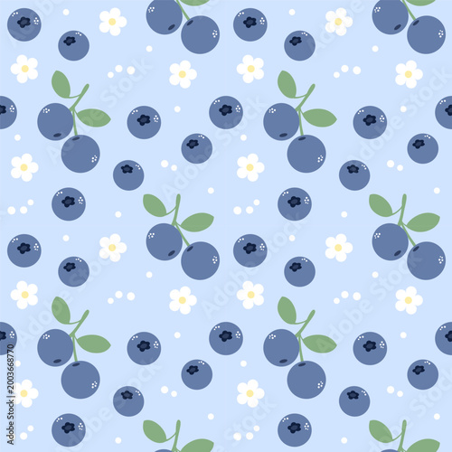 Blueberry Floral Seamless Pattern for Cute Fabric, Summer Textile and Fresh Nature Background