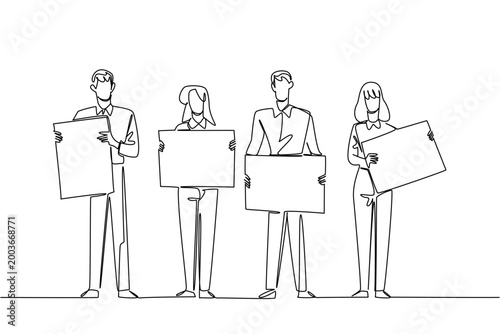 Single line drawing of two businessmen and two businesswomen holding four individual blank ad boards. This teamwork business concept is a great choice for a corporate meeting presentation poster.